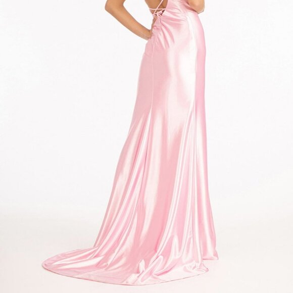 BLUSH PINK Straight Across Satin Mermaid Dress w/ Lace-up Back Slit DRESS GL3061 - Picture 5 of 5